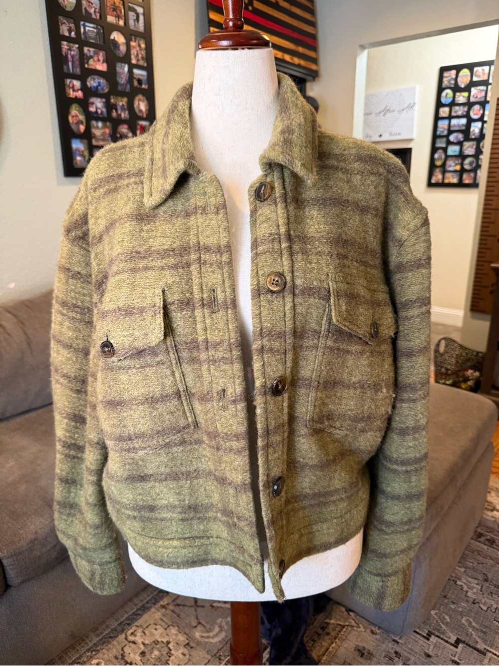 Aritzia Wilfred Free Olive Green Striped wool blend shirt Jacket